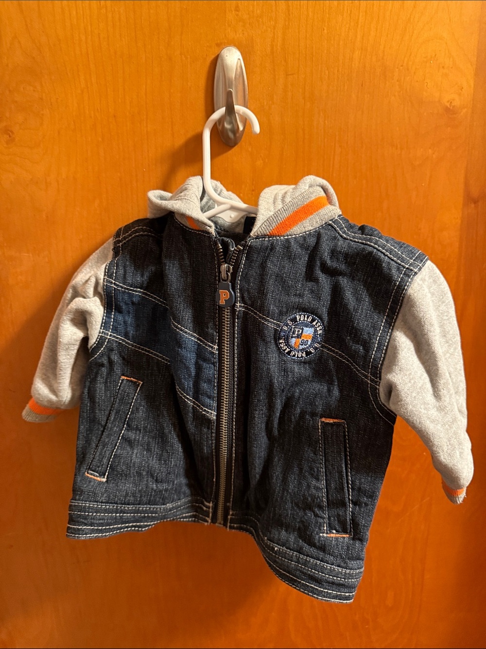 U.S. Polo Assn. Dark Blue Denim Jacket with Gray Sleeves and Orange Trim 6/9 mon